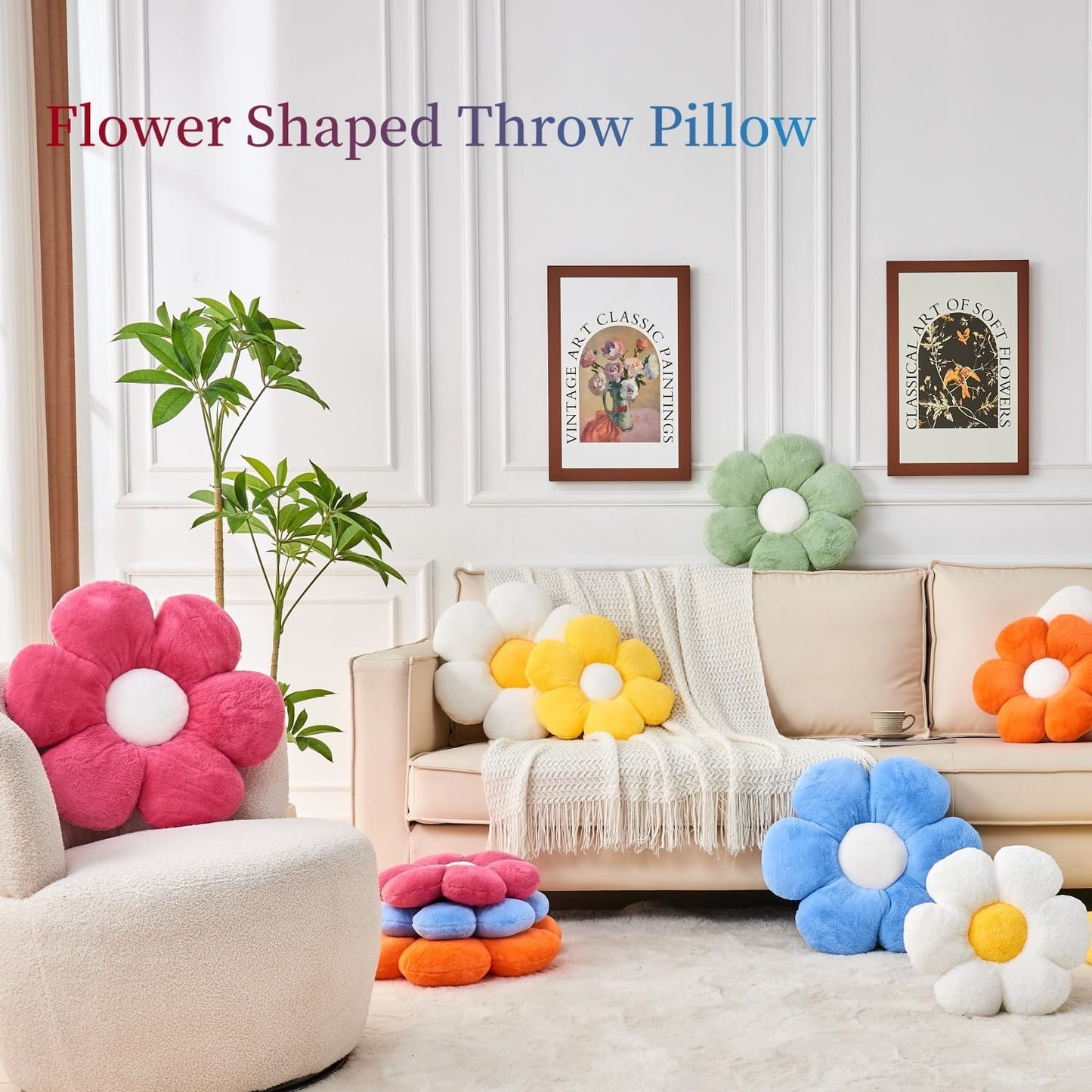 Green Flower Pillow, 19.6In Floor Pillow Cushion, Cute Flower Shaped Throw Pillow, Home Decorative Seating Cushion for Sofa, Couch, Bed