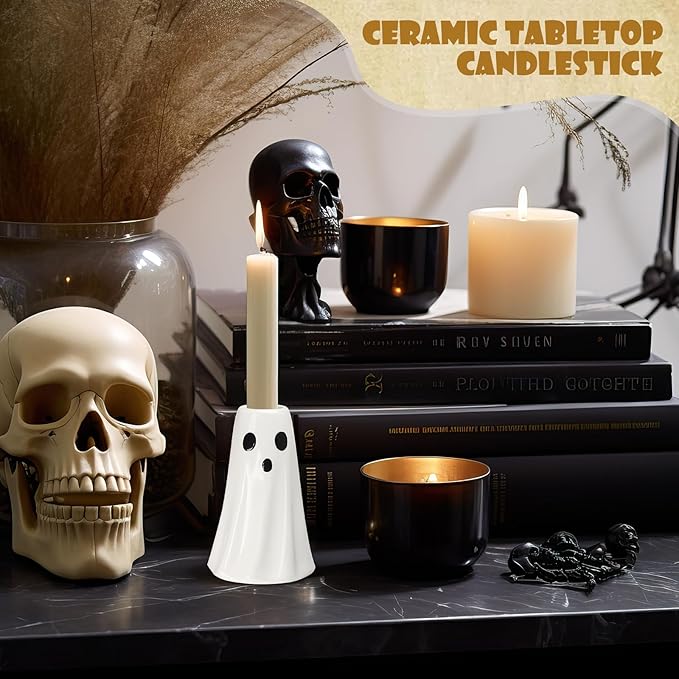 3 Pcs Halloween Ghost Candlestick Holders Cute Ghost Shape Candle Stick Holders Halloween Ceramic Taper Ghost Candle Holder for Halloween Wedding Party Holiday Office Home Decor Gift