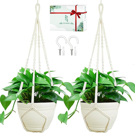 FGSAEOR Macrame Plant Holder Indoor Outdoor, Hanging 3-15 inch Pot, Bearing 20lb Planters, DIY Handmade Hanging Planter Basket, 35-Inch Extra Long Strong Boho Home Décor (2-Pack) (Ivory)