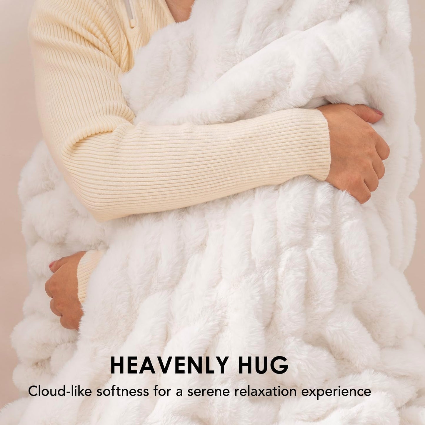 EVERGRACE Luxurious Soft Faux Rabbit Fur Throw Blanket, Cozy Fuzzy Plush Warm Throws for Couch Bed Sofa Chair Home Decor, Ruched Bubble Fluffy Blanket with Reversible Velvet, 50" x 60", Ivory White