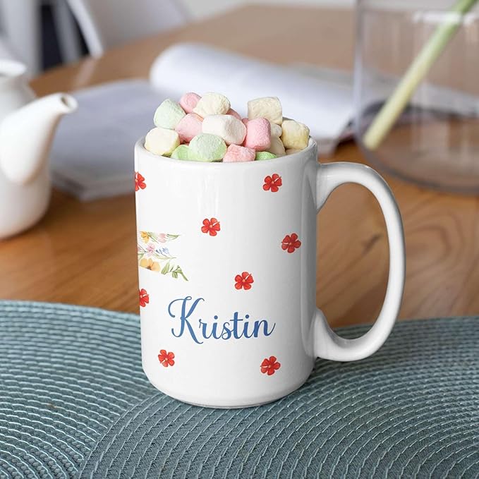 1PCS Personalized Name White Coffee Mug, Custom Floral Bow Full Wrap Cup 11oz or 15oz, Bow with Colorful Wildflowers on Ceramic Cup, Cute Spring-Inspired White Mug, Gifts for Her