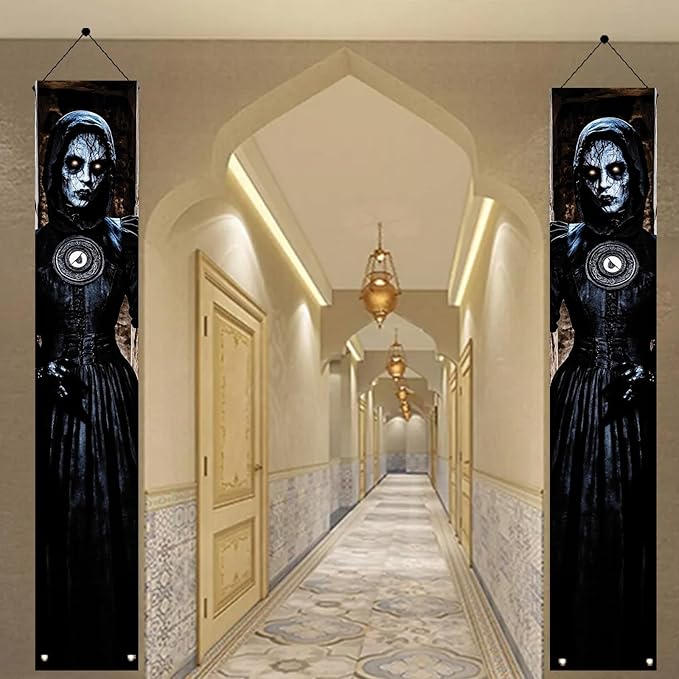 2PCS Halloween Porch Banner Gothic Ghost Lady Vertical Hanging Decorations for Front Door Haunted House Scary Door Sign Spooky Wall Decor Creepy Entrance Party Backdrop 71 x 12 Inch