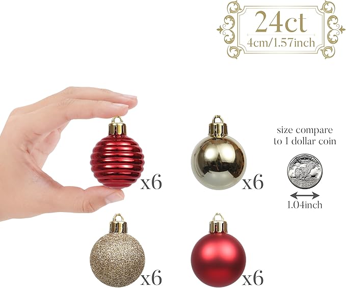 Valery Madelyn 1.57 Inches Small Christmas Tree Decorations Ornament Set for Fall Halloween, 24ct Red and Gold Shatterproof Hanging Ball Ornaments Holiday Party Decor