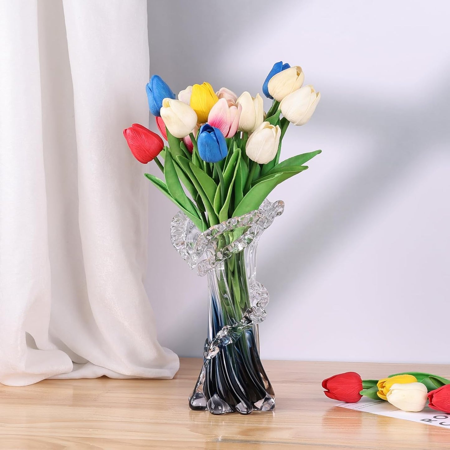 Blue White Clear Wave Vases Gradient, Murano Hand Blown Glass Vase Unique Art Decorative, for Ocean Themed Coastal Home Centerpiece Modern Office Entrance Table Creativity