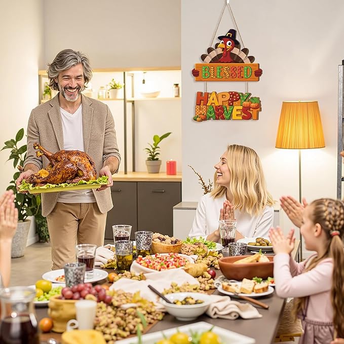 Thanksgiving Turkey Door Hanging,Autumn Turkey Shape Door Decor,Happy Harvest Wooden Sign,Fall Bless Harvest Wall Plaque,Thanksgiving Hanging Sign,Give Thanks Wall Sign for Farmhouse Home Room