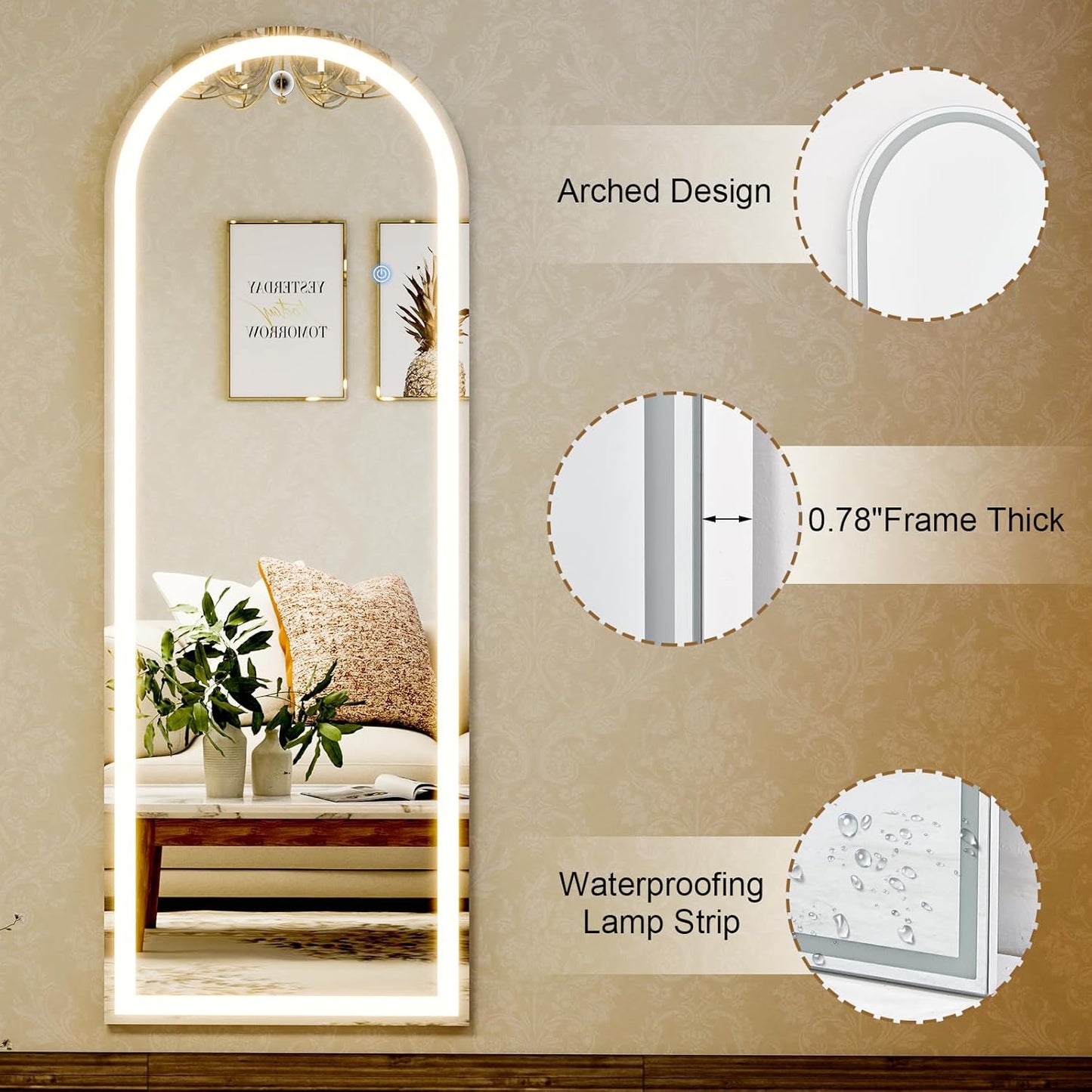 GLSLAND 20"x56" Arched LED Full Length Mirror with Lights – Wall Mounted or Standing Full Body Mirror for Bedroom/Cloakroom – Dimmable with 3 Color Lighting Modes