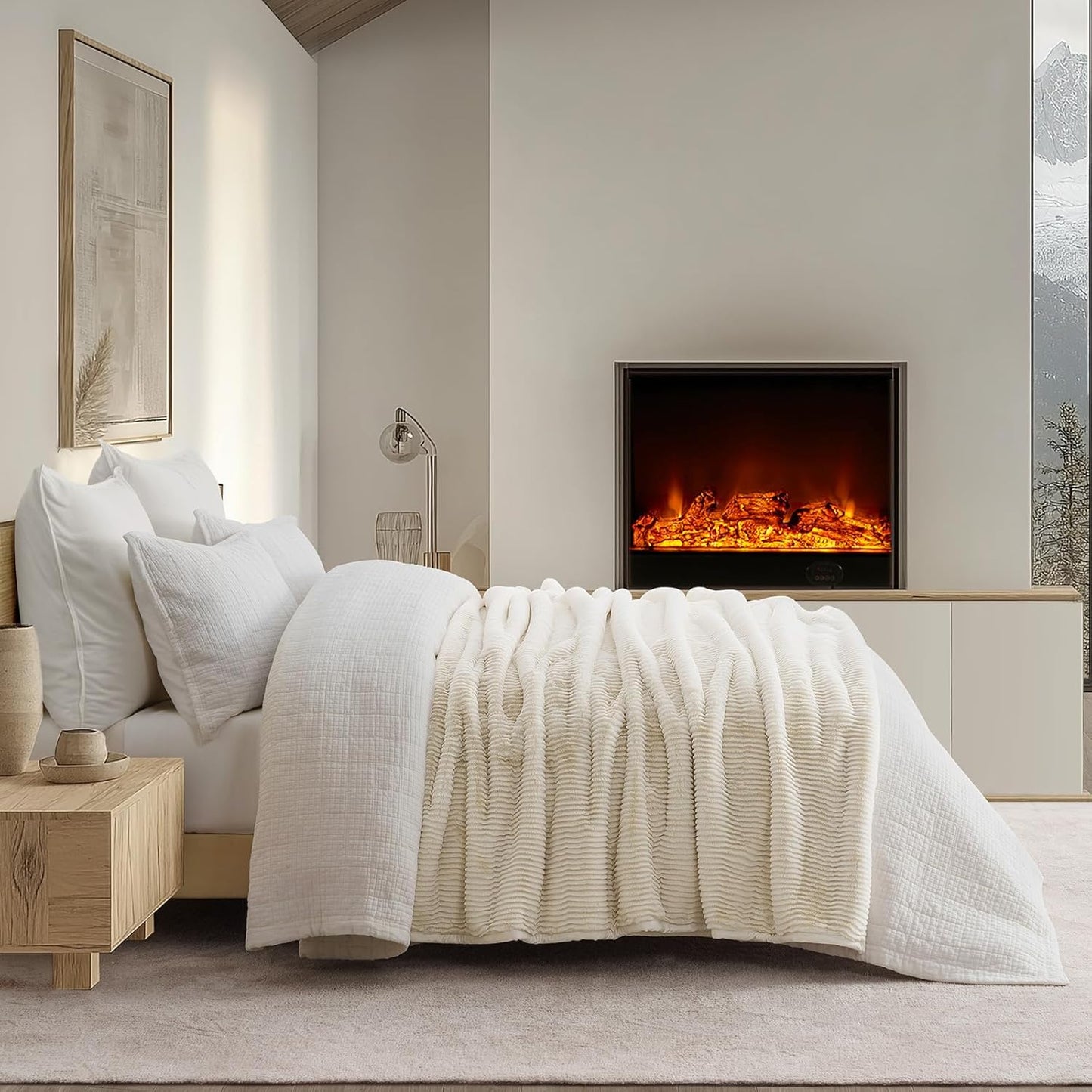 EVERGRACEHOME Ultra Soft Faux Fur Throw Blanket for Couch, Luxury Sculpted Texture Faux Rabbit Fur Blanket for Bed, Fluffy Thick Plush Warm Fuzzy Throw, 920GSM (Ivory White, 50''x60'')