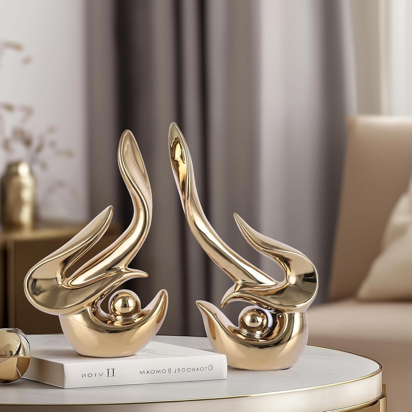 Gold decorative accents, ceramic abstract sculptures and statues, modern art mid century decorative coffee table living room dining room table bedroom office home shelves fireplace countertop decor.