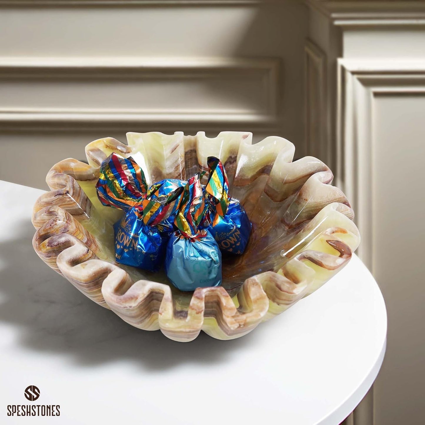 Marble Ruffle Bowl 6 Inch Green Decorative Candy bowls for Modern Home Decor and kitchen accessories, Key Bowl for Entryway Table Centerpieces