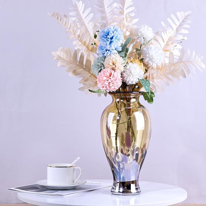 11.8" Tall Blown Amber Gold Glass Vase, Amber Opaque Glass Vase, Unique Design Wide Mouth Art Decoration for Home, Living Room, Dining Table, Pampas Grass Decor (Amber Gold)