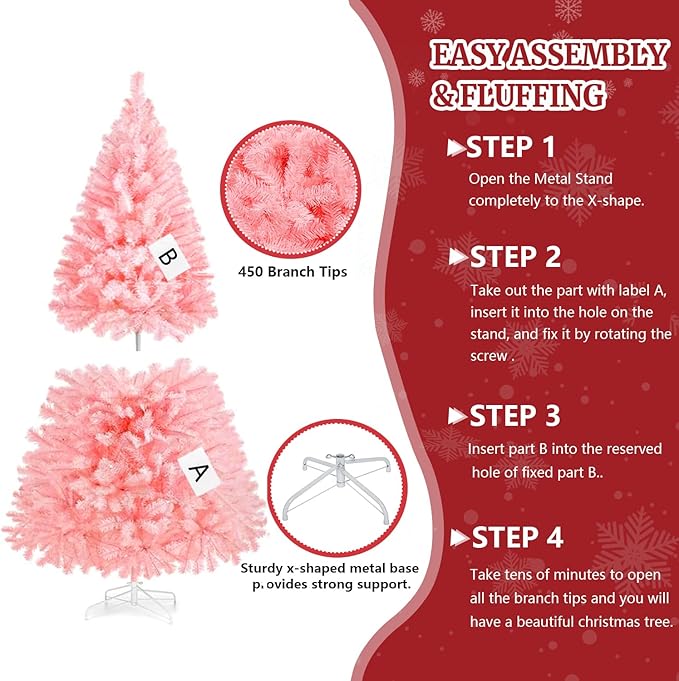 ULICO 4ft Artificial Pink Christmas Tree,Premium Spruce Xmas Tree with 450 Branch Tips, Fake Christmas Tree with Foldable Metal Base Stand,Home, Office,Party Decoration