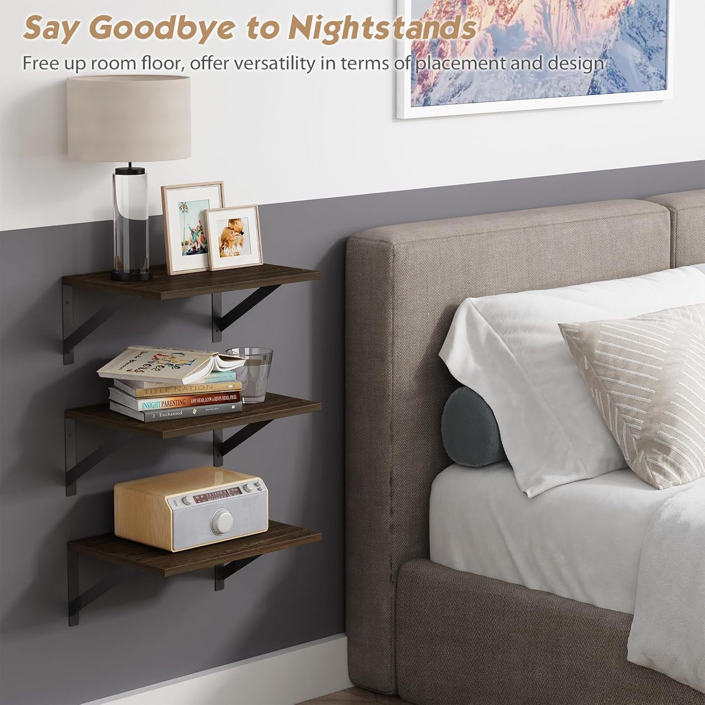 Forbena 12 Inch Deep Floating Shelves for Wall Set of 3, Wooden Wall Bookshelf for Bedroom Books, Rustic Wood Hanging Bookshelves for Bathroom Living Room Office Storage (Dark Brown)