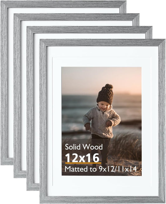 KINLINK 12x16 Picture Frame Grey, Solid Wood Frames with Acrylic Plexiglass for Pictures 11x14/9x12 with Mat or 12x16 without Mat,Wall Display Photo Frame, Set of 4