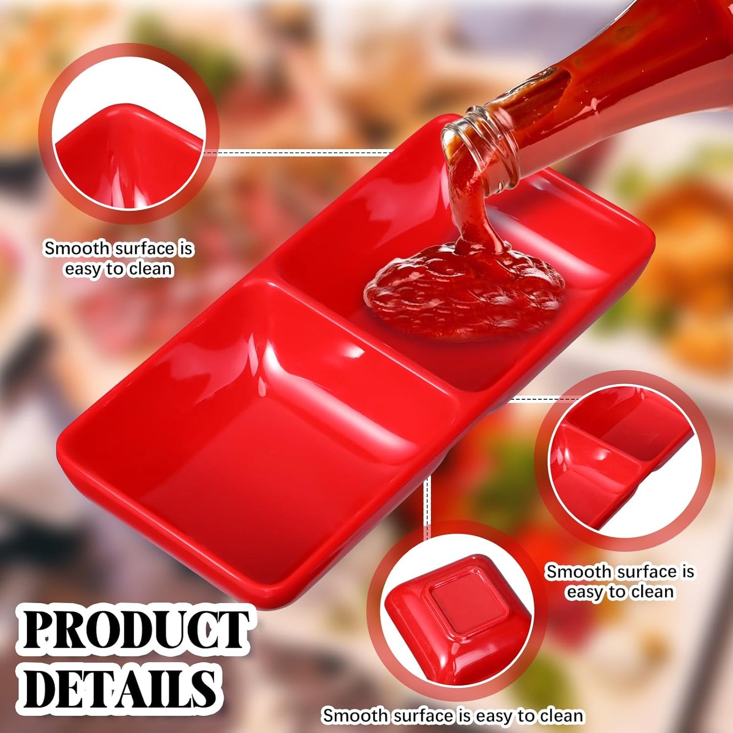 Gejoy 12 Pcs Dual Dipping Sauce Bowls Soy Sauce Dish Bowls Two Compartments Party Trays Divided Fondue Plates for Restaurant Kitchen Sushi Soy (Red)