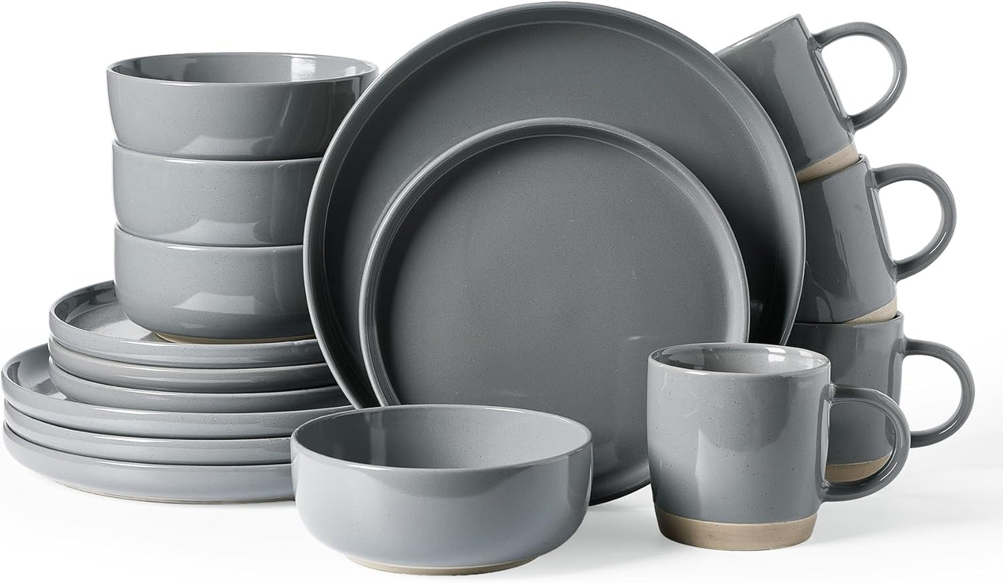 Famiware Milkyway Dinnerware Set with Mugs, Service for 4 (16pcs), Ribbed Stoneware Plates and Bowls Dishes Sets - Chip & Scratch Resistant, Microwave & Dishwasher Safe, Dark Gray