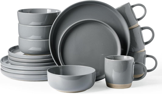 Famiware Milkyway Dinnerware Set with Mugs, Service for 4 (16pcs), Ribbed Stoneware Plates and Bowls Dishes Sets - Chip & Scratch Resistant, Microwave & Dishwasher Safe, Dark Gray