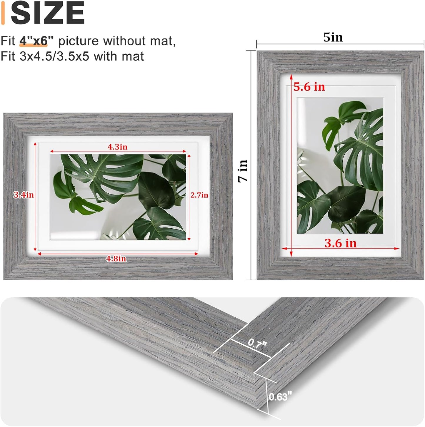 Egofine 4x6 Picture Frames Set of 4, Made of Solid Wood Covered by Plexiglass 3.5x5 with Mat or 4x6 without Mat, for Table Top Display and Wall Mounting Photo Frame Light Grey