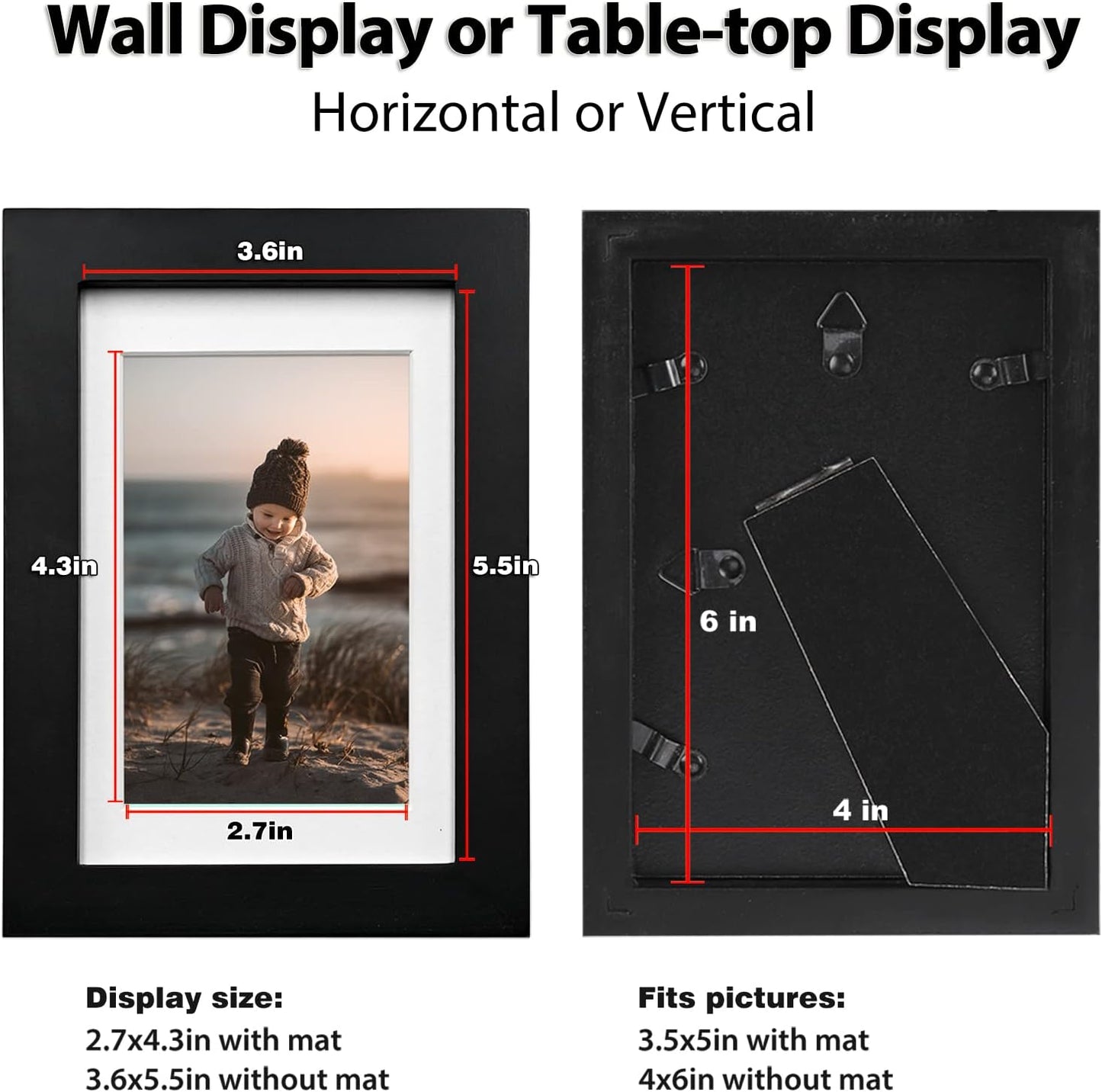 KINLINK 4x6 Frame Black, Solid Wood 4 x 6 Picture Frame with Acrylic Plexiglass for 3.5x5 with Mat, Tabletop and Wall Display Photo Frames 4x6 Black, 4 Pack