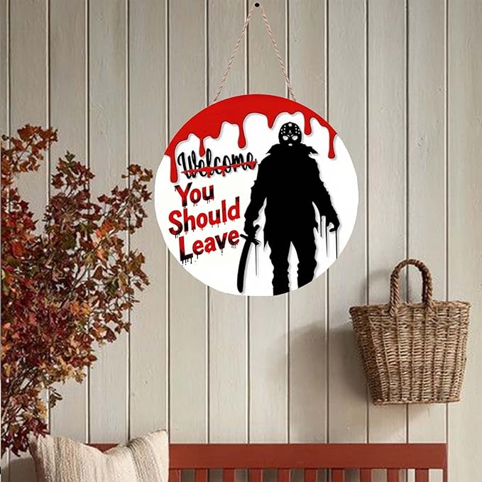 Halloween Welcome Sign for Front Door Welcome You Should Leave Horror Scream Front Door Halloween Decor Sign Ghost Face Wall Decoration for Indoor Outdoor 12×12in