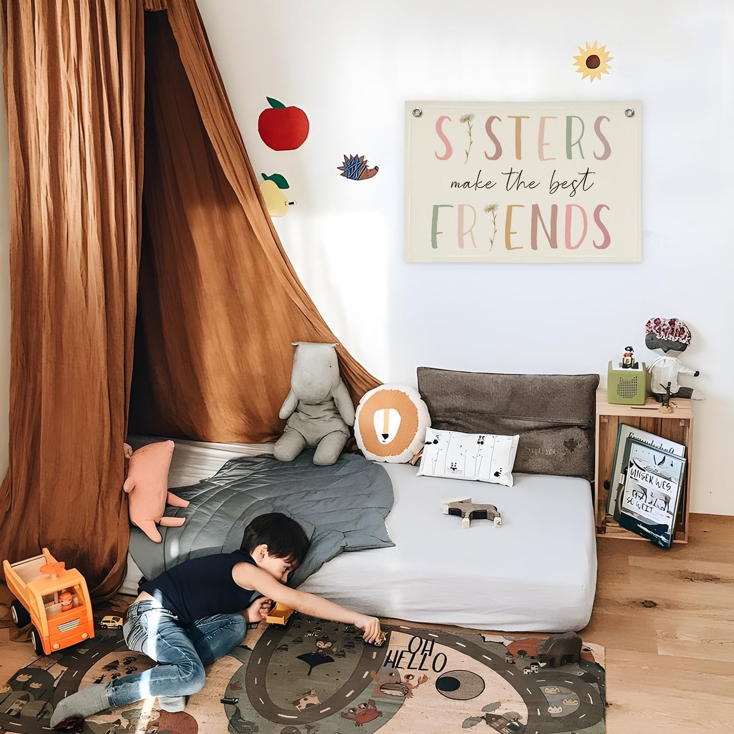 Girls Room Decor, Sisters Make The Best Friends Wildflower Wall Decor Banner Flag for Sisters Room Decoration，Boho Nursery Decor Baby Girls Toddler Kids Bedroom 30x20,girlroom