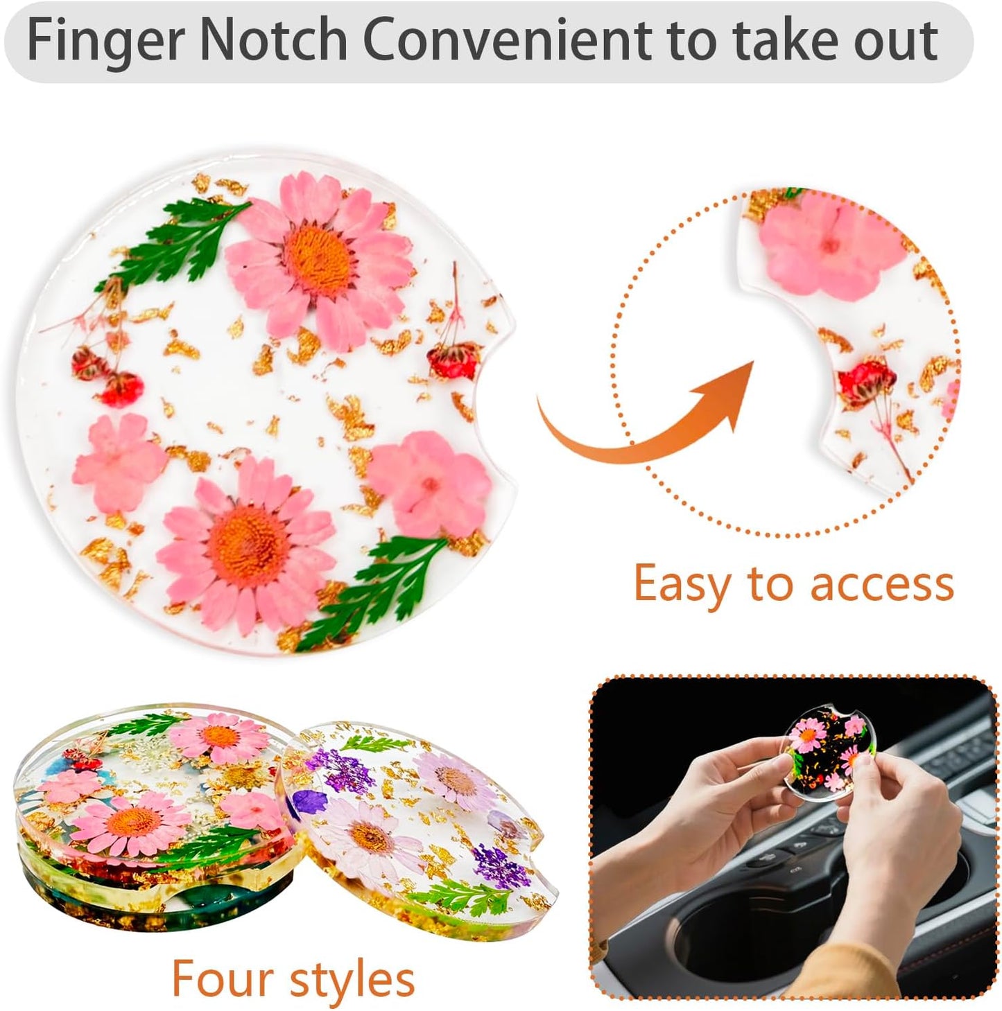 Dried Flower Coasters 4PCS, Resin Drink Coasters with Finger Notch, Reusable Cup Mats for Desk Protection Car and Home Decor