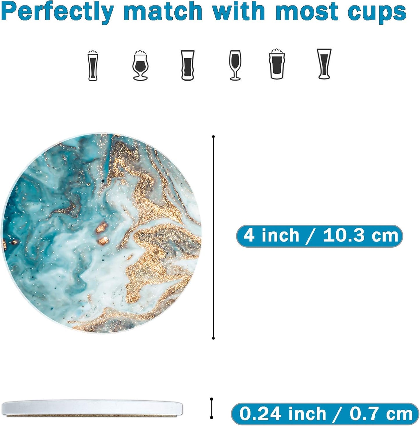 Dooke Coasters for Drinks, Round Absorbent Ceramic Stone Coasters Set of 6 with Cork Base,Funny Coaster with Holder for Cold Drinks Wine Mugs and Cups Tabletop Protection, 4 Inches,Teal Marble