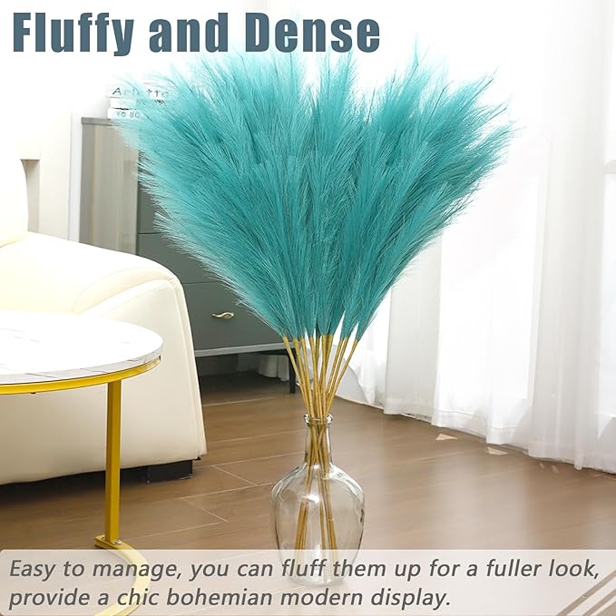 38" 10 Stems Faux Pampas Grass Decor - Tall Pampas Grass for Floor Vase Fluffy Artificial Pampas Grass for Boho Home Wedding Mothers Day Decoration（Lake Blue）