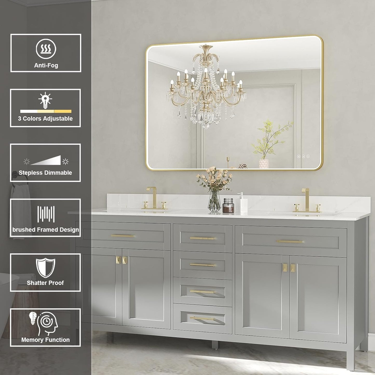 LED Mirror for Bathroom 40X28 Inch Gold Framed with Anti-Fog, Stepless Dimmable, Front Lit, LED Bathroom Vanity Mirror for Wall, Memory Function, Shatter-Proof