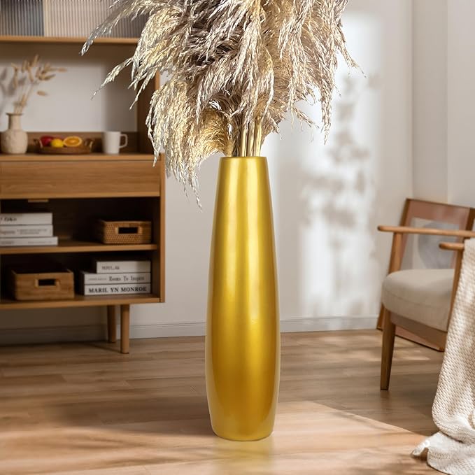 Gold Ceramic Tall Floor Vase,24 Inch Large Modern Flower Vases for Home Décor,Wicker Big Floor Vase Decorations for Farmhouse, Living Room,Bedroom,Standing Plastic Vase Decorative Tall