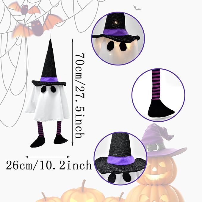 3 Pack Halloween Hanging Ghost Lights with Glitter Hats, Battery Powered Halloween Decorations Outdoor Indoor, LED Floating Ghost Decor for Porch, Tree, Yard & Window, Indoor Outdoor Decoration