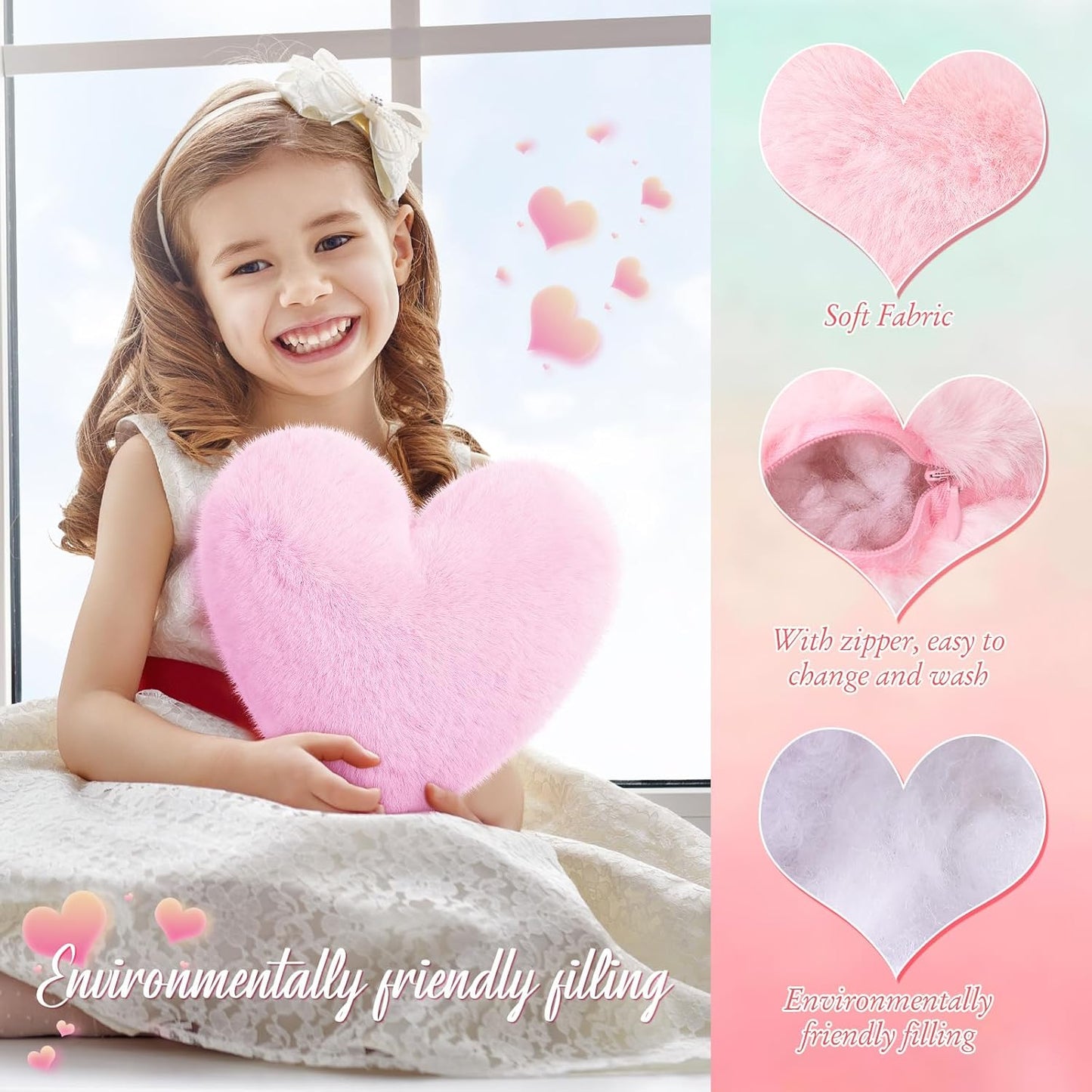 Liliful 6 Pcs Faux Rabbit Fur Heart Pillows Helloween Fluffy Heart Throw Pillows Christmas Cute Couch Cushion Soft Decorative Throw Cushion for Bed Sofa Girls Women(12 x 11 Inch,Light Color)