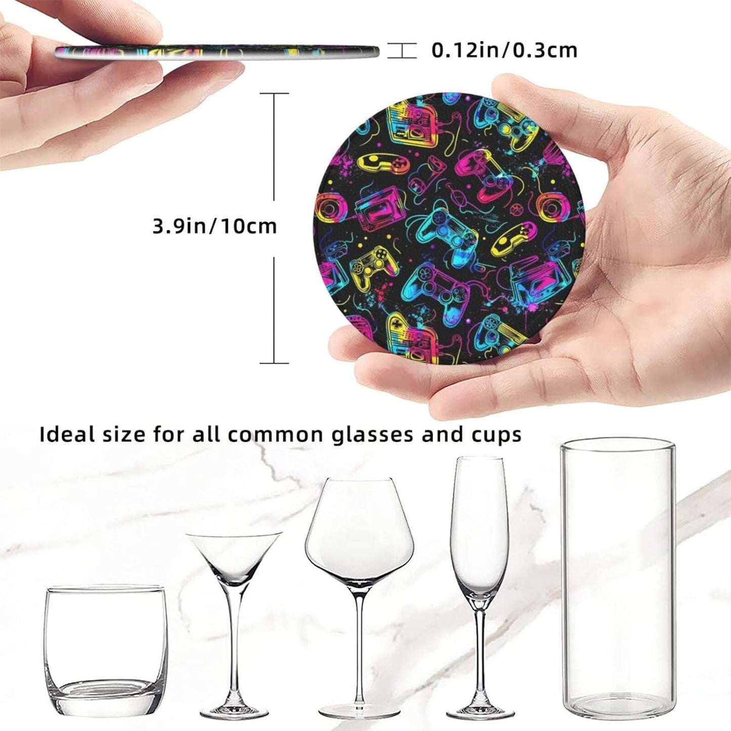 Drink Coasters with Holder Stand Set of 6, Bright Game Controller Pu Leather Absorbent Coasters with Cork Base Table Coaster Round Coasters for Housewarming Apartment Kitchen Bar Decor