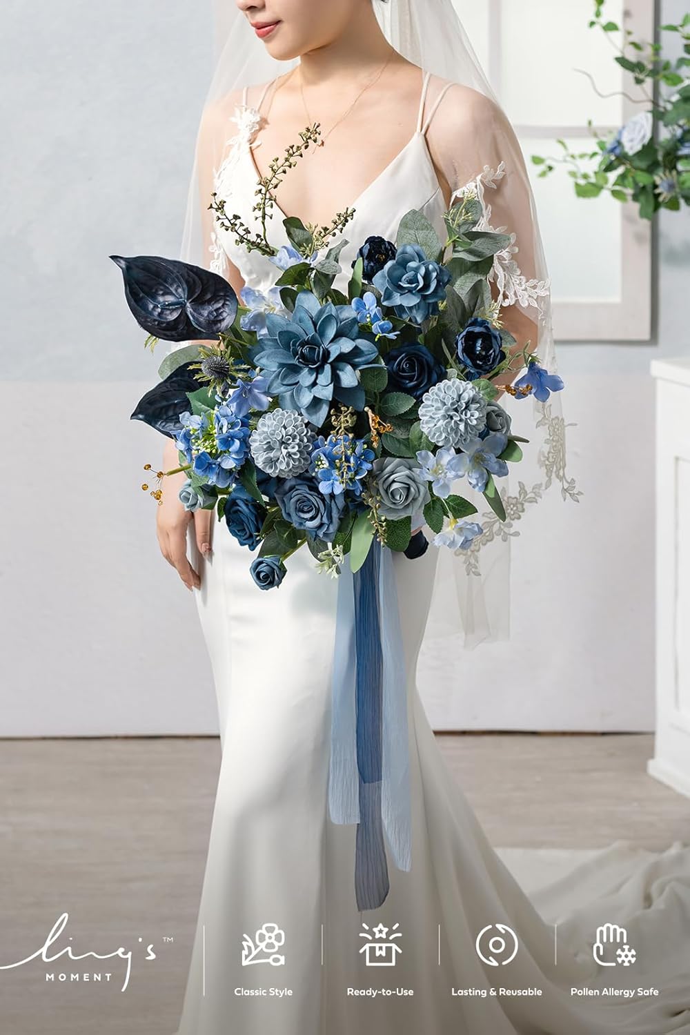 Ling's moment Dusty Blue Wedding Bouquets for Bride, Navy Blue Bridal Bouquets for Bride, 13 Inch Free Form Artificial Wedding Flower Bouquet