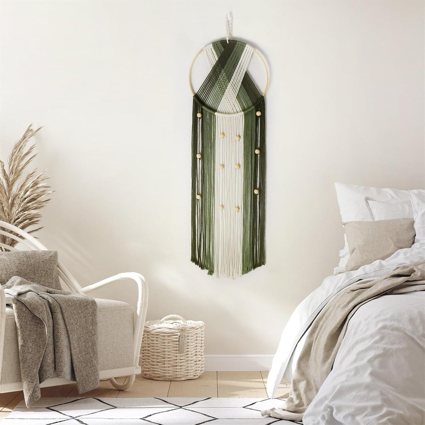 LB Boho Macrame Wall Hanging - Green and Beige Handmade Cotton Woven Decor, Modern Geometric Bohemian Tapestry Wall Decor for Bedroom Living Room Home (31.5"x9.84") Nature-Inspired Room Decor