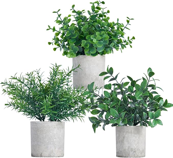 3 Pack Fake Potted Plants Artificial Eucalyptus Small Topiaries Lifelike Faux Plants for Home Office Coffee Room Desk Decor (Dark Green)