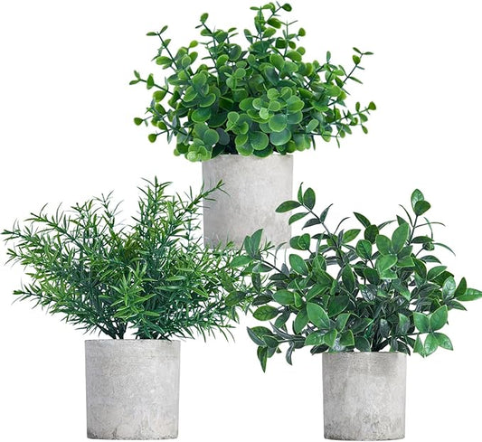 3 Pack Fake Potted Plants Artificial Eucalyptus Small Topiaries Lifelike Faux Plants for Home Office Coffee Room Desk Decor (Dark Green)