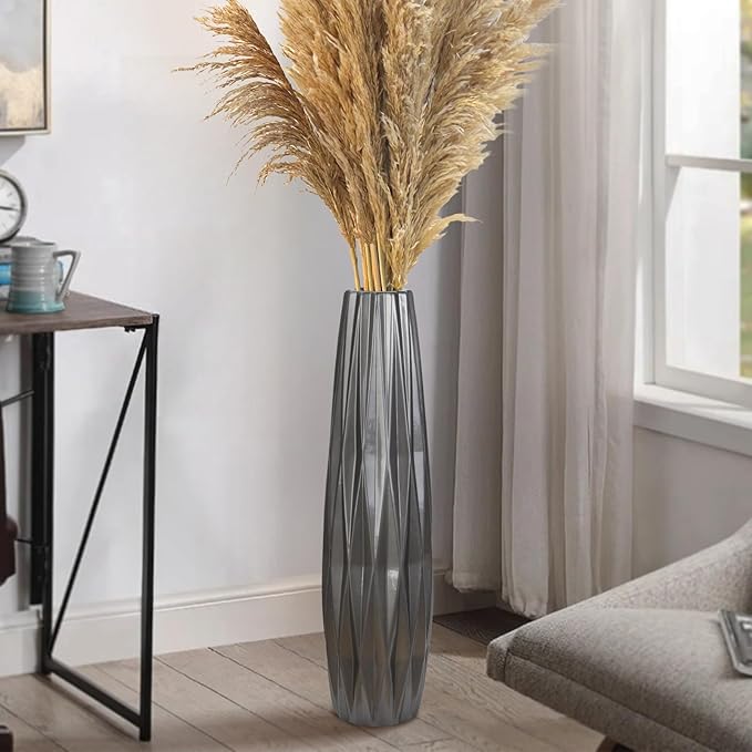 Silvery Ceramic Tall Floor Vase,28 Inch Large Modern Flower Vases for Home Décor,Wicker Big Floor Vase Decorations for Farmhouse, Living Room,Bedroom,Standing Plastic Vase Decorative Tall