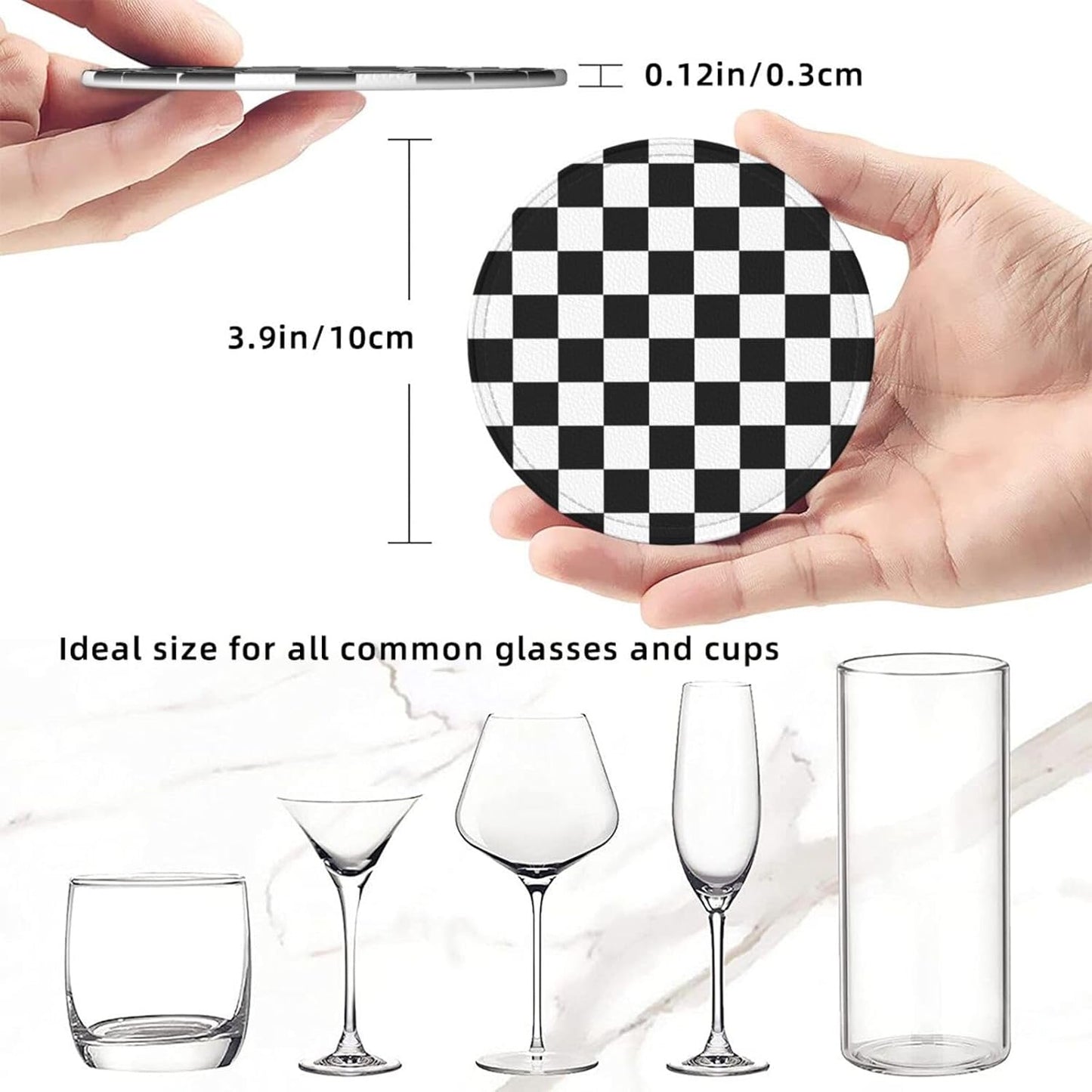 Drink Coasters with Holder Stand Set of 6 Black and White Checkerboard Pu Leather Absorbent Coasters with Cork Base Table Round Coaster for Housewarming Apartment Kitchen Bar Decor