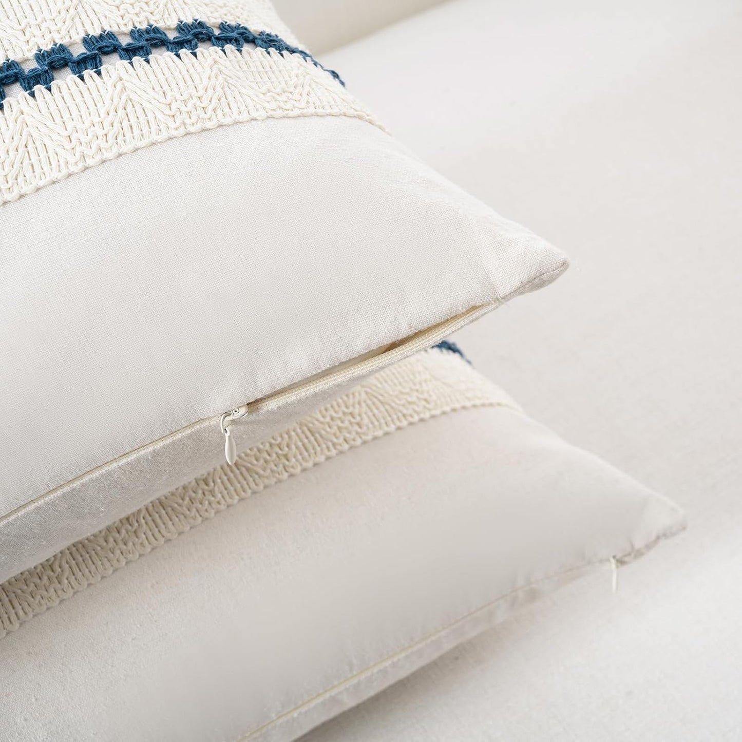 Fancy Homi Set of 2 Boho Teal Decorative Throw Pillow Cover 20x20 Inch for Couch Bed Sofa, Aesthetic Modern Organic Farmhouse Home Decor, Soft Cotton Cute Accent Macrame Woven Cushion Case