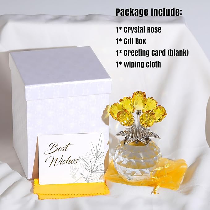 Ornalrist Crystal Yellow Rose Flower Collectible Figurine, Rose Bouquet Floral Romantic Gifts for Wife, Mom, Women on Mother's Day Valentine's Day Wedding Anniversary (5.11'' Gift Boxed)