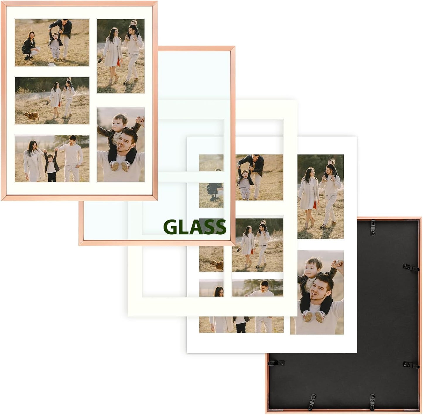 Frametory - 11x14 Aluminum Collage Picture Frame - Display 4x6 Pictures with 5 Openings Mat - Real Glass Front - Horizontal/Vertical Wall Mount - Rose Gold 1 Pack