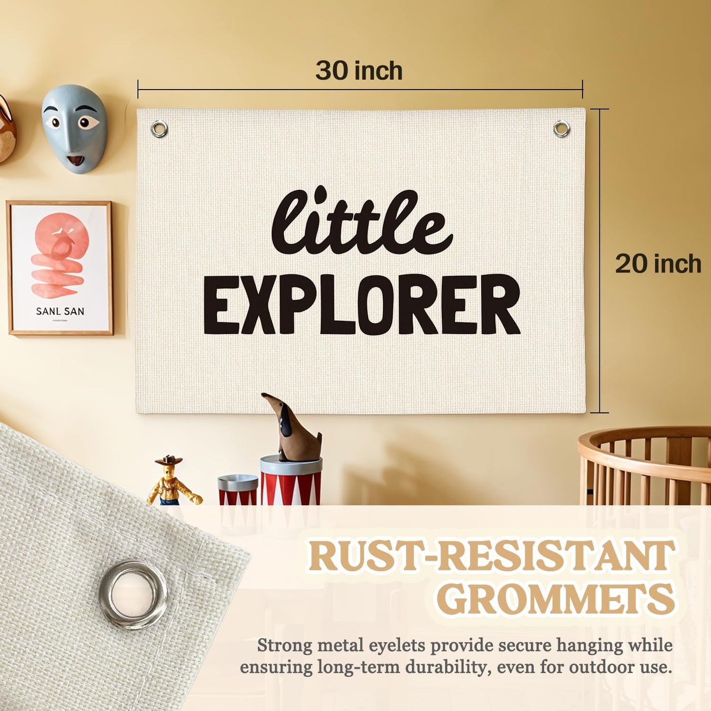 Little Explorer Canvas Banner,Boys Room Decor,Travel Themed Wall Hanging Banner Flag Decor for Nursery, Baby Shower Birthday Gift 30x20 Inch