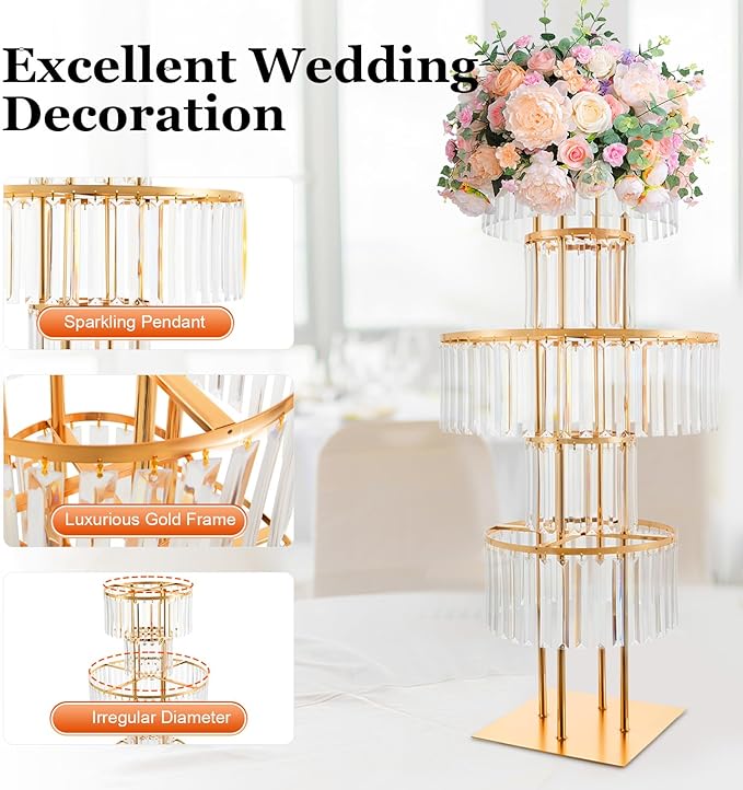 5 Tier Gold Vases Centerpieces Stands 43.3" Tall Crystal Flower Stand Wedding Flower Stand Decor Chandelier Pedestal Stand for Stage