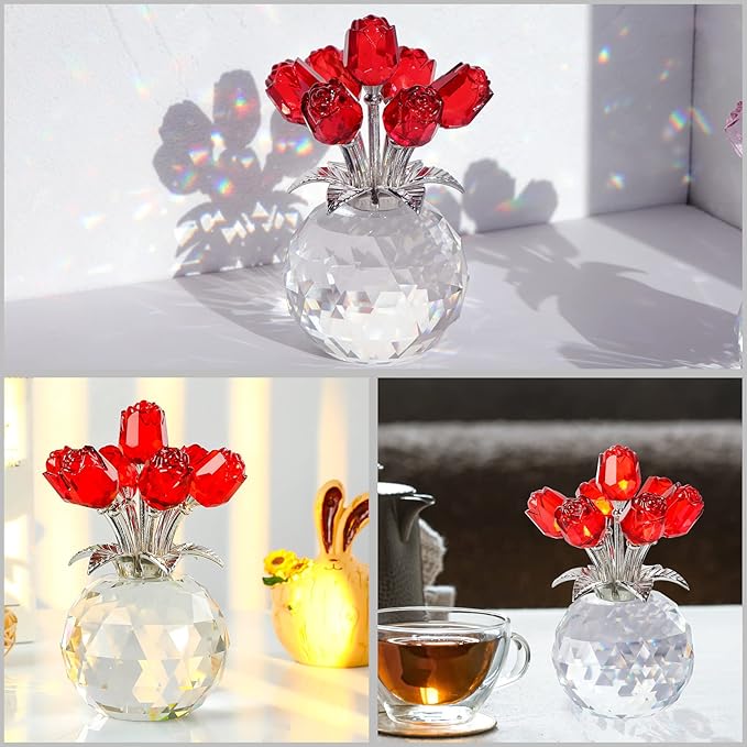 Crystal Red Rose Figurines Gifts for Women, Glass Bouquet Ornament for Mother's Day Birthday Christmas Ruby Collectible Flowers Anniversary Floral Presents for Her (Red)