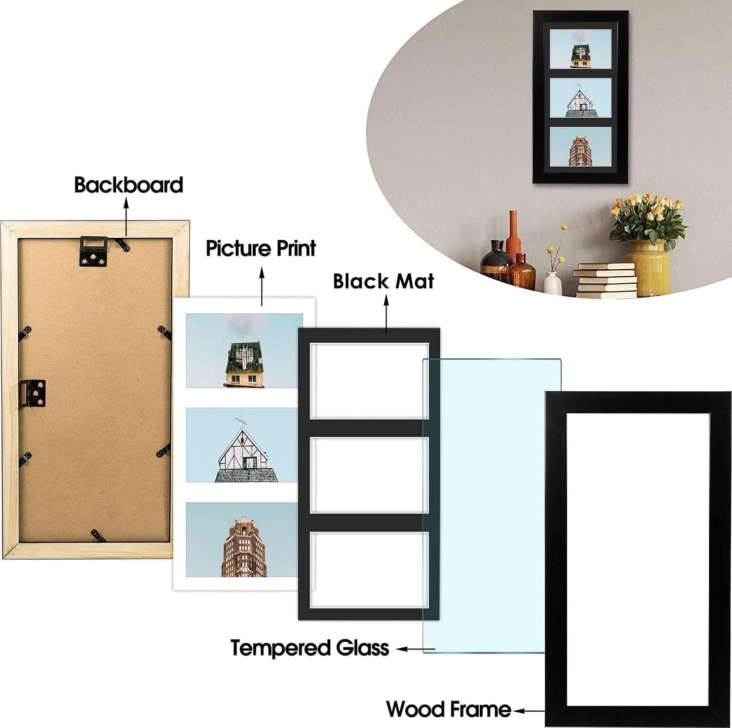 Golden State Art, Set of 10, 7x14 Black Photo Wood Collage Frame with Black Mat Displays (3) 4"x6" Pictures