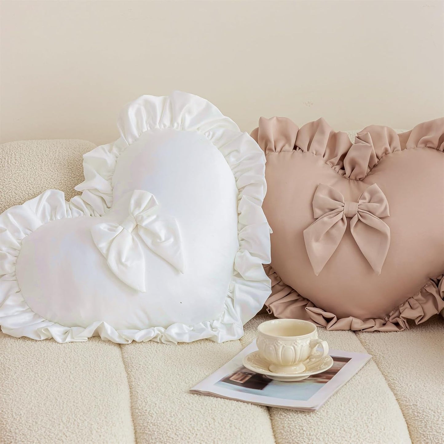 Heart Pillows, Cute Ruffled Heart Shaped Throw Pillows with Bow Soft Stuffed Love Decorative Pillow Cushion for Sofa Couch Bed Girl Room Chair Car Living Room, Light Blue