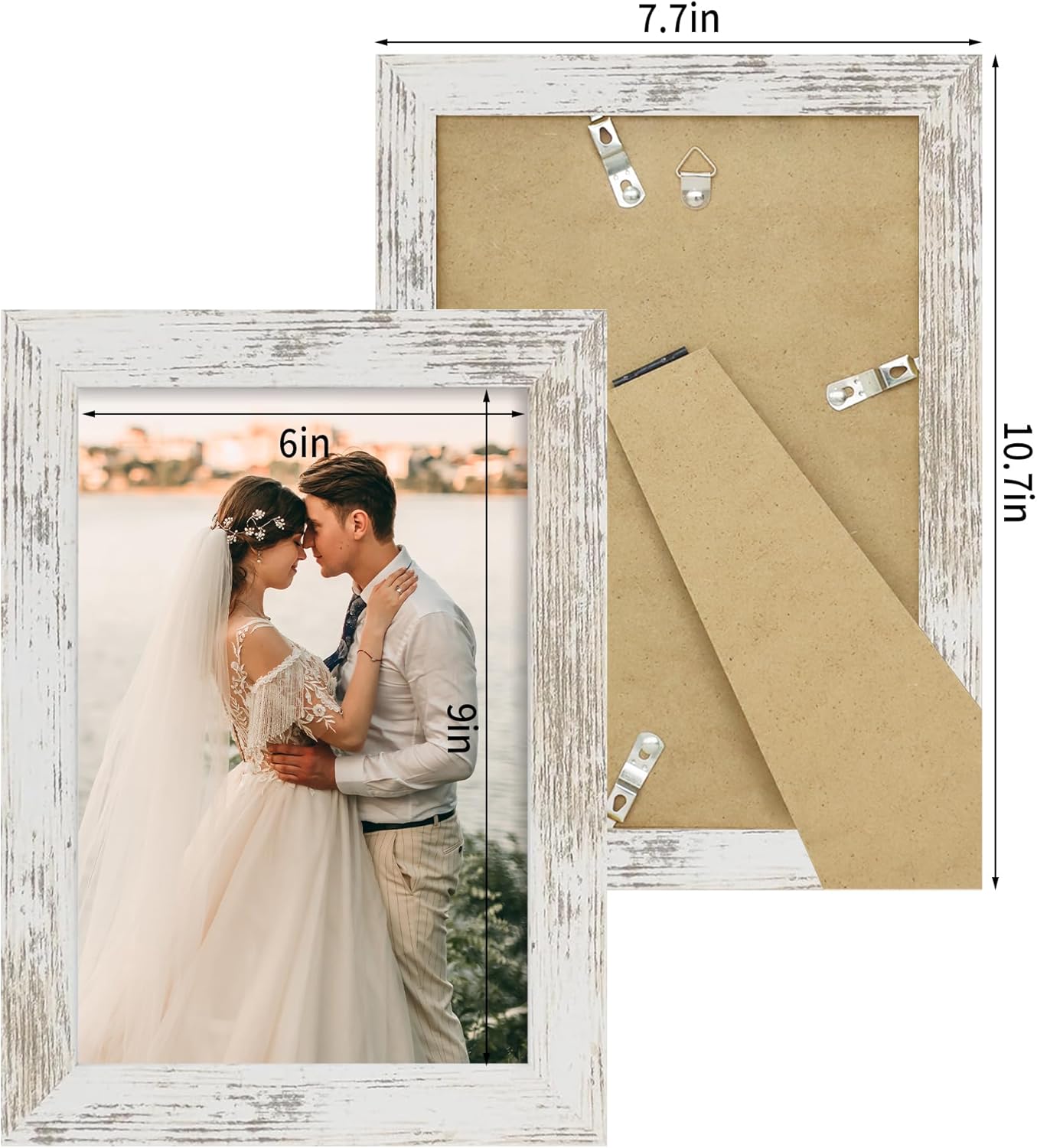 iRahmen 6x9 Picture Frame Set of 2, Distressed White Frame with HD Glass, Wood Rustic Photo Frames for Horizontal or Vertical Tabletop and Wall Mounting
