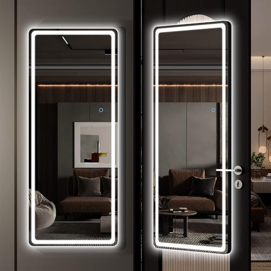 Hasipu LED Door Mirror Full Length, 44.1" x 15.8" Lighted Over The Door Hanging, Full Body Wall Mounted, Light Up Long Dressing, Round Black