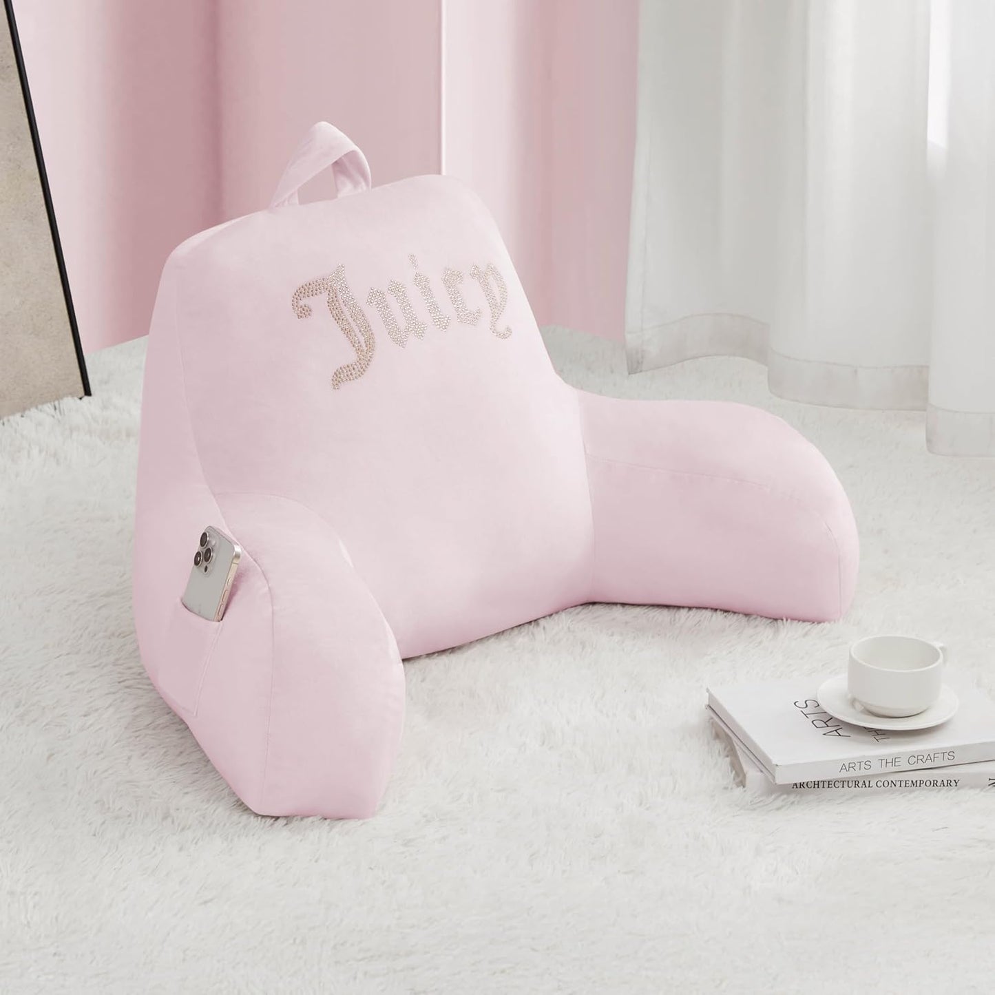 Juicy Couture Velour Backrest Pillow with Rhinestone Juicy Logo - 30"x17", Light Pink Supportive Bed Rest Pillow for Reading, Gaming, or Relaxing