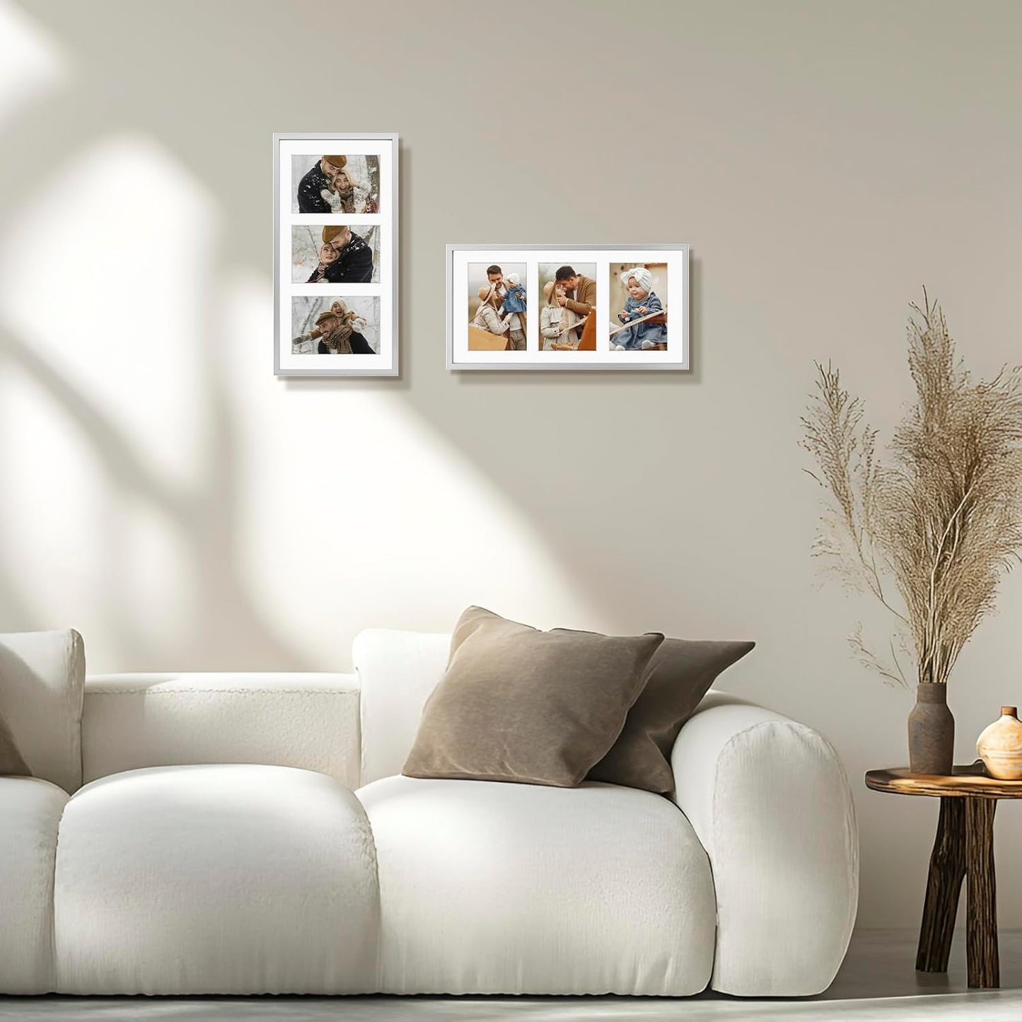 Frametory - 7x14 Aluminum Collage Picture Frame - Display 4x6 Pictures with 3 Openings Mat - Real Glass Front - Horizontal/Vertical Wall Mount - Silver 1 Pack